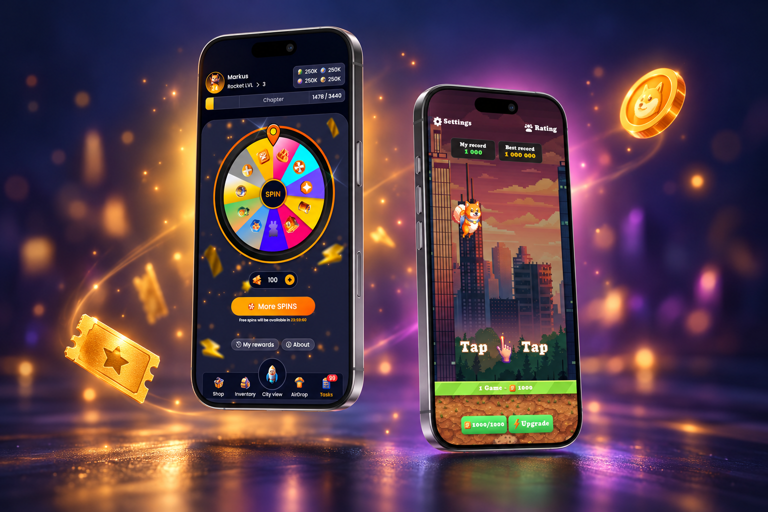 Wheel and Flappy Doge mini-game interfaces