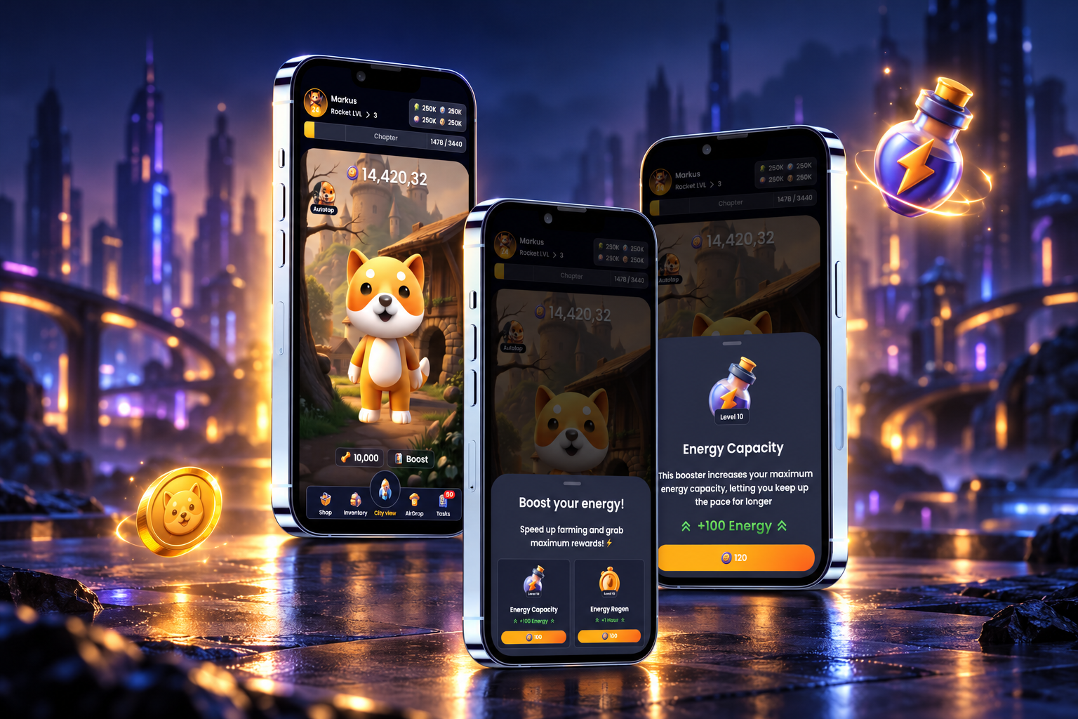 Main game and upgrade interfaces