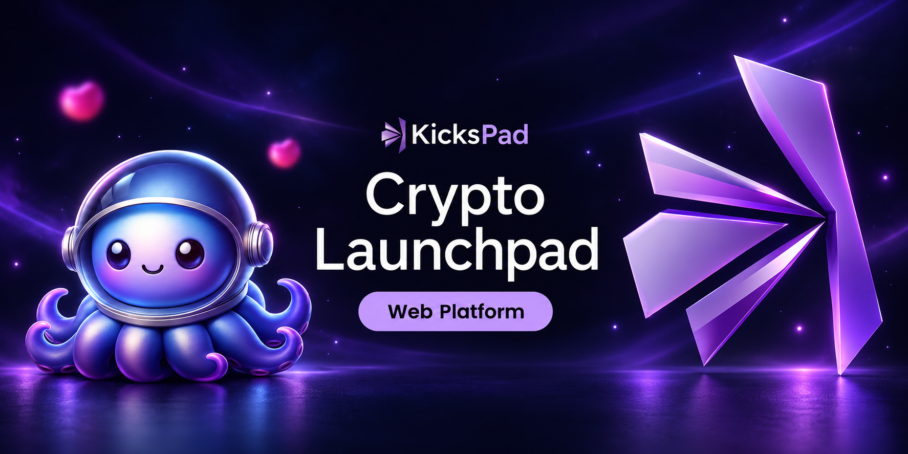 KicksPad — Crypto Launchpad, with an astronaut mascot and purple sculptural brand emblem