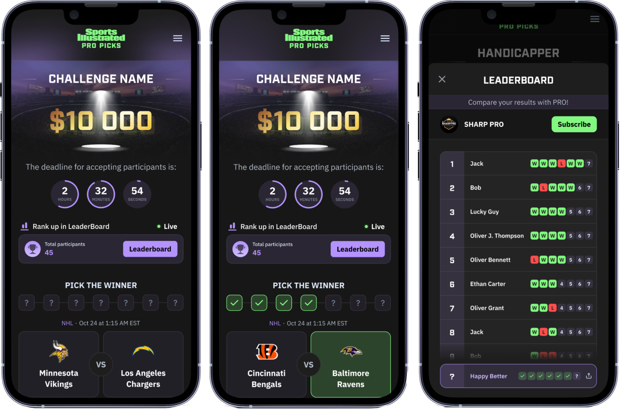 Challenge selection states and leaderboard