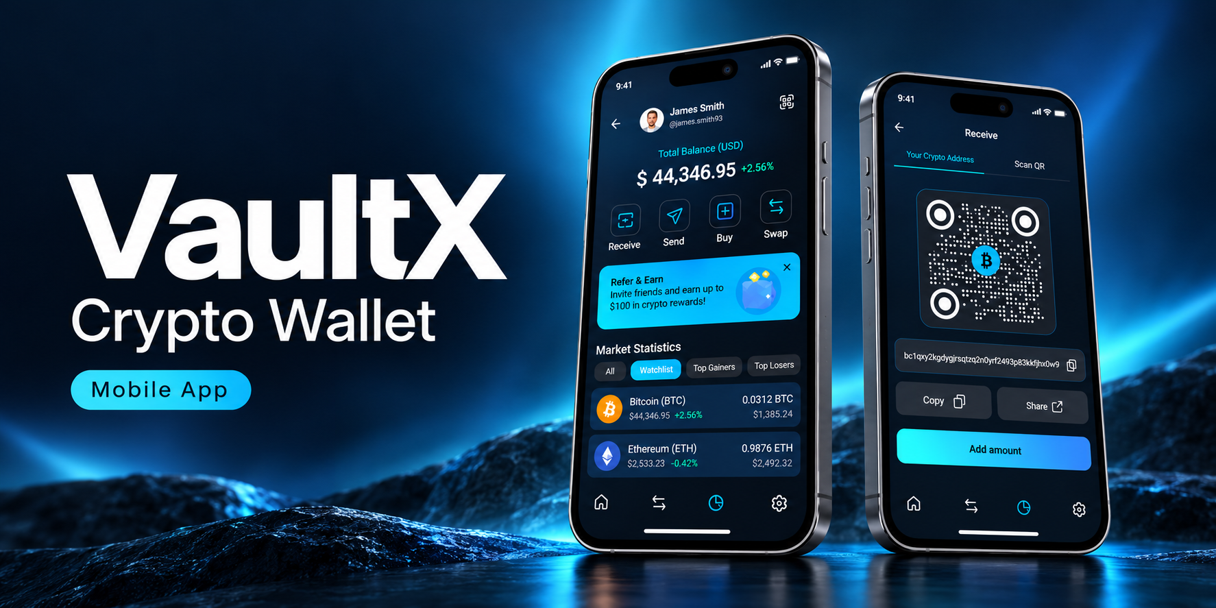 VaultX — Crypto Wallet mobile app with asset overview and receive screens